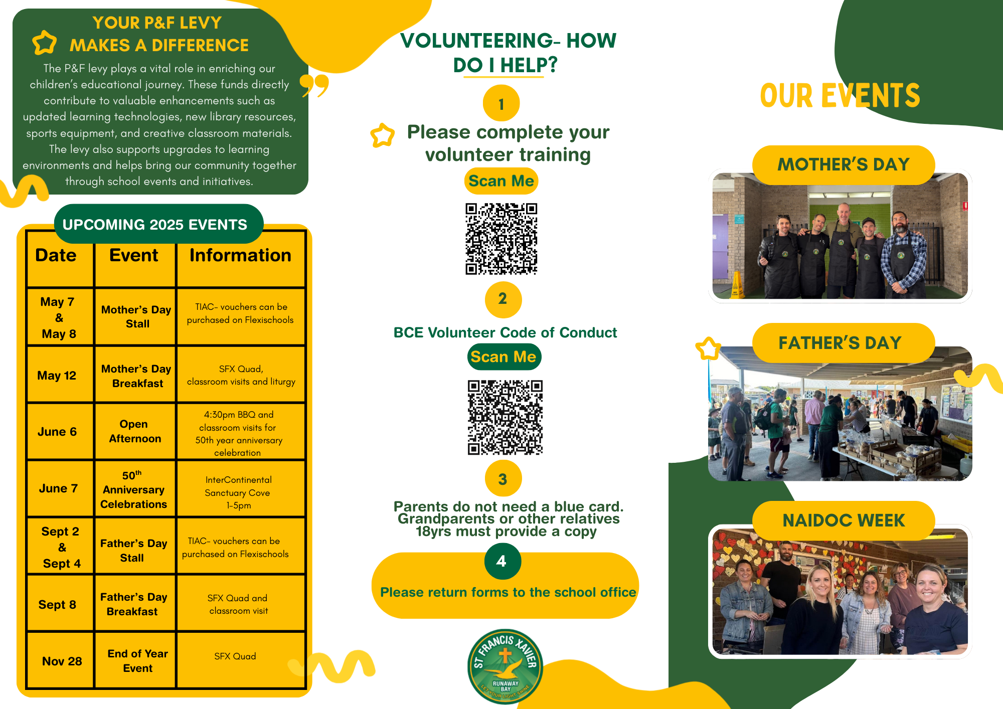 School community newsletter poster highlighting upcoming events, volunteer requirements, fundraising impact of P&F levy and ways for families to get involved