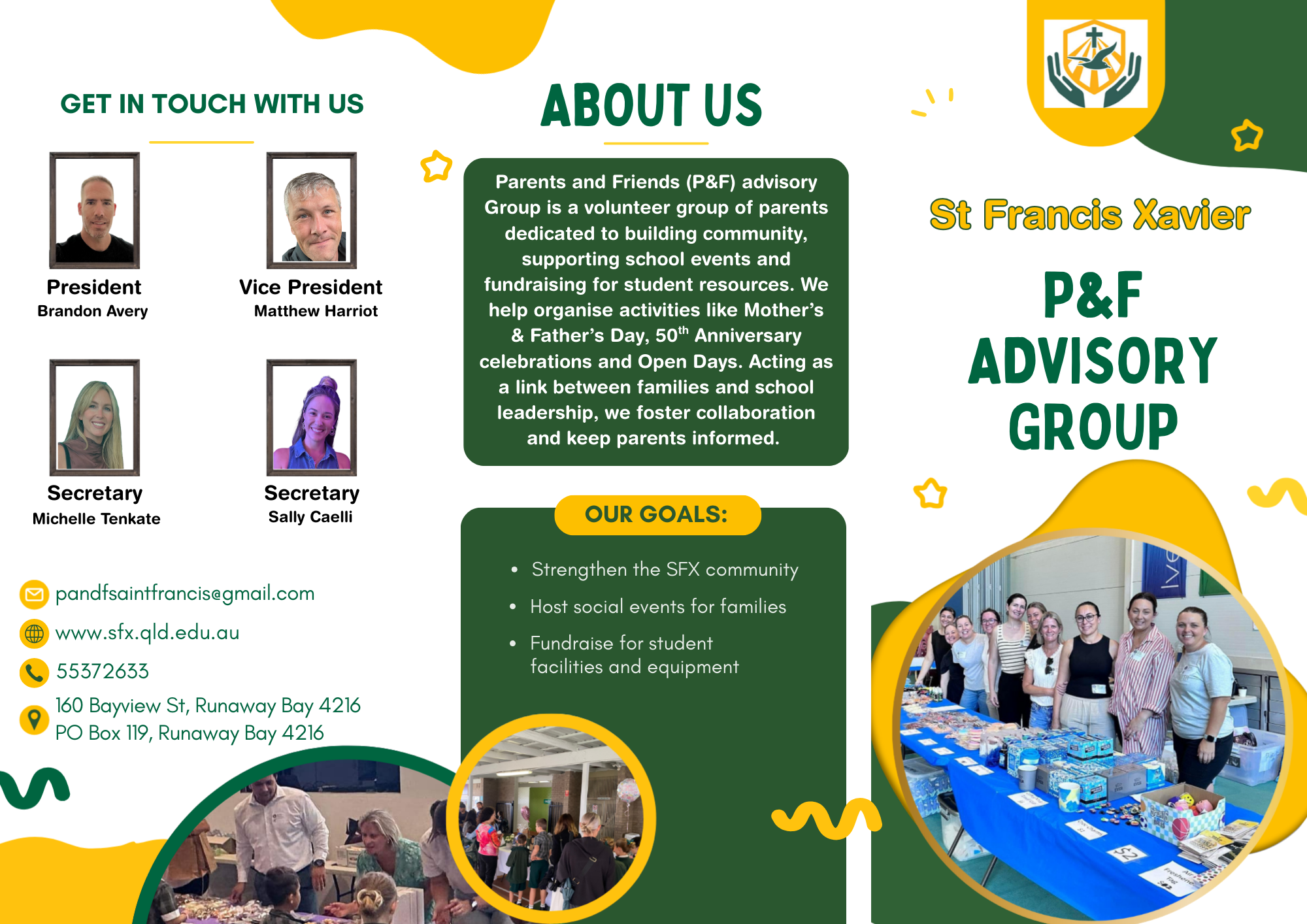 Parents and Friends advisory group poster outlining leadership team, purpose, goals, contact details and community involvement opportunities
