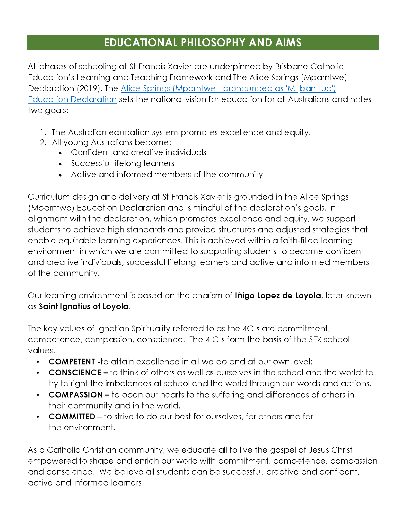 Educational philosophy overview outlining school values, equity focus and commitment to student development and lifelong learning