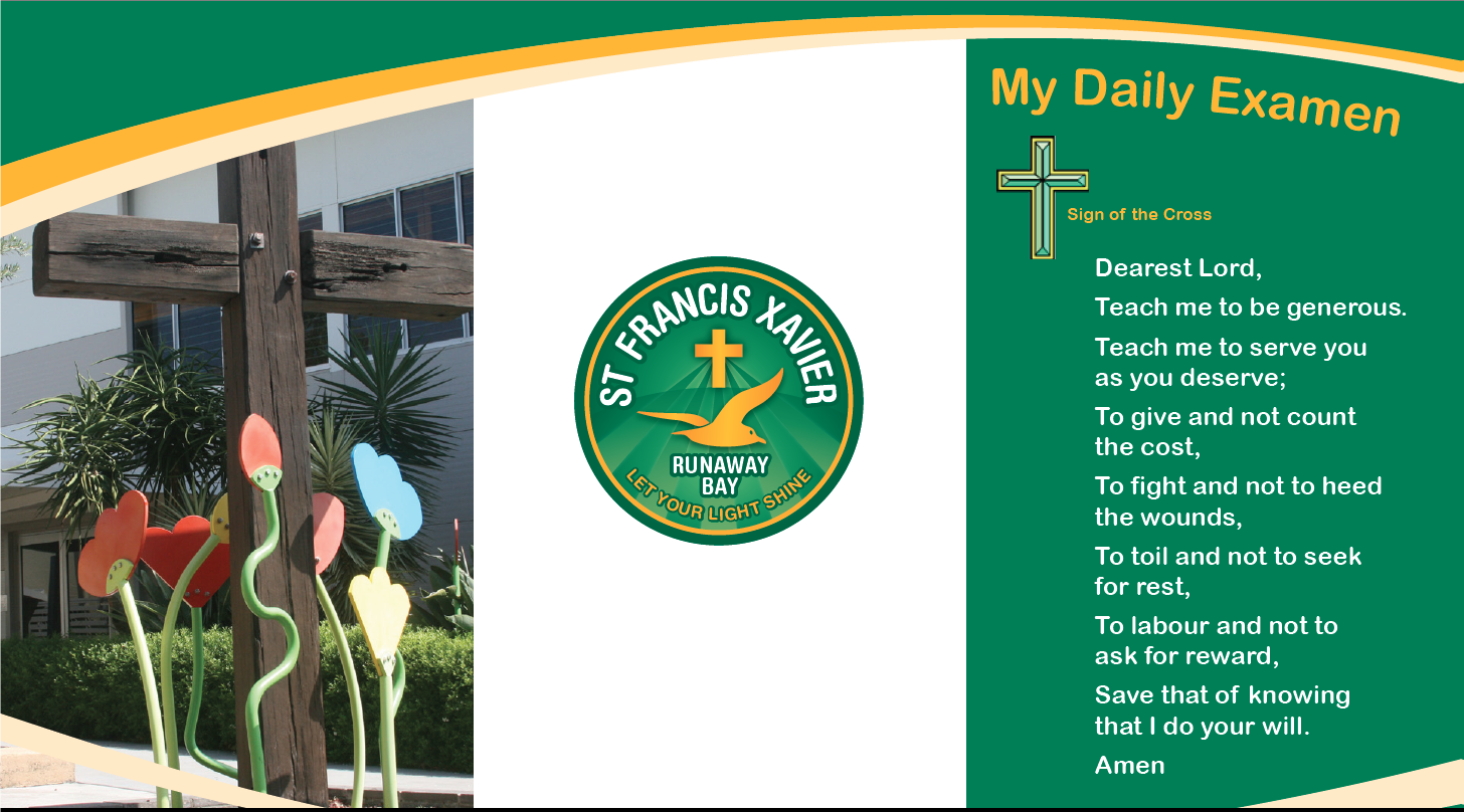 Faith reflection poster featuring school identity and daily examen prayer, encouraging students to reflect on generosity, service and living their faith