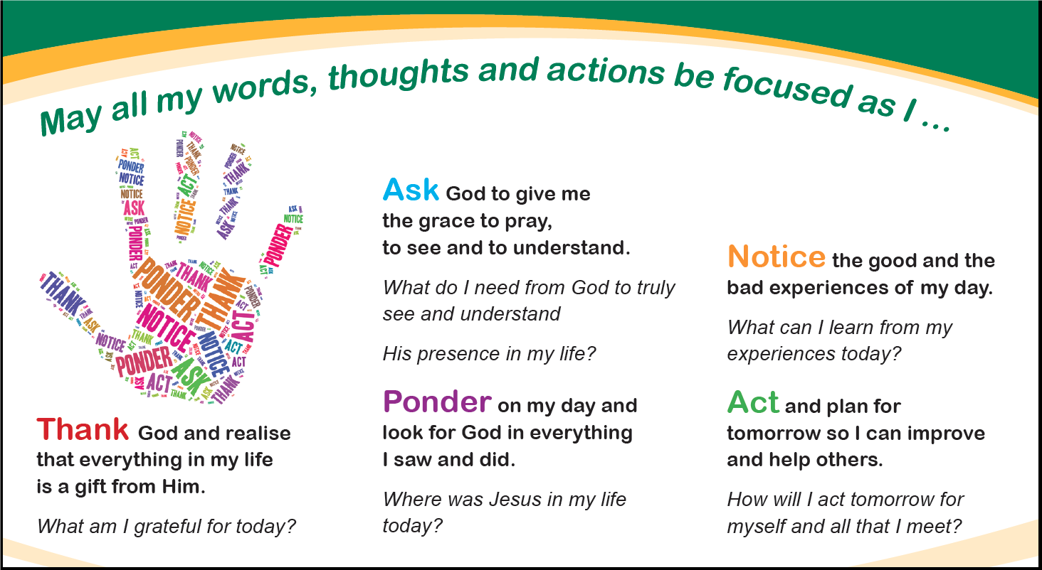 Faith reflection poster featuring school identity and daily examen prayer, encouraging students to reflect on generosity, service and living their faith
